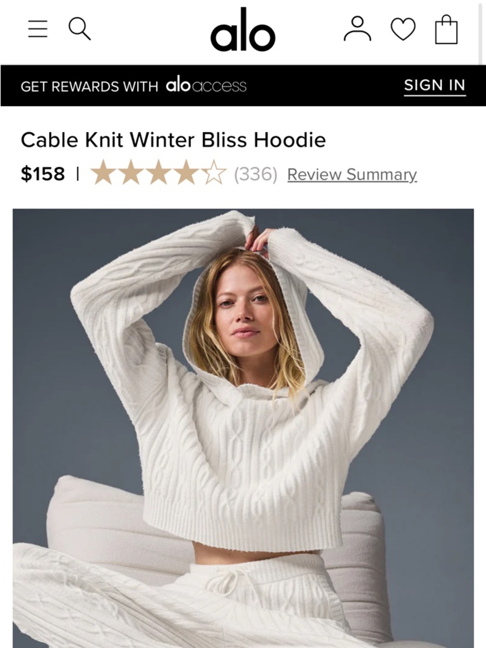 ALO Yoga Cable Knit Cropped Hoodie in Ivory